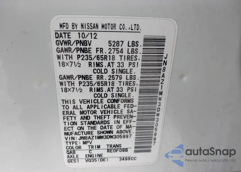 2013 Nissan Murano Sl из США, поврежденный, VIN JN8AZ1MW3DW305997